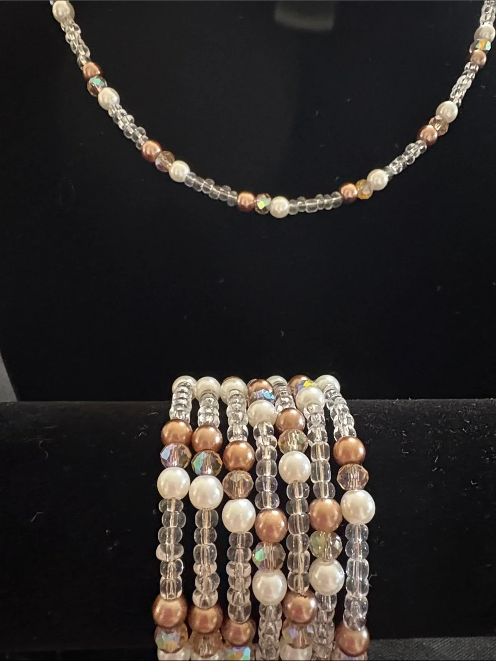 Elegant Pearl and Crystal Bead Necklace & Bracelet Set - Gold and 